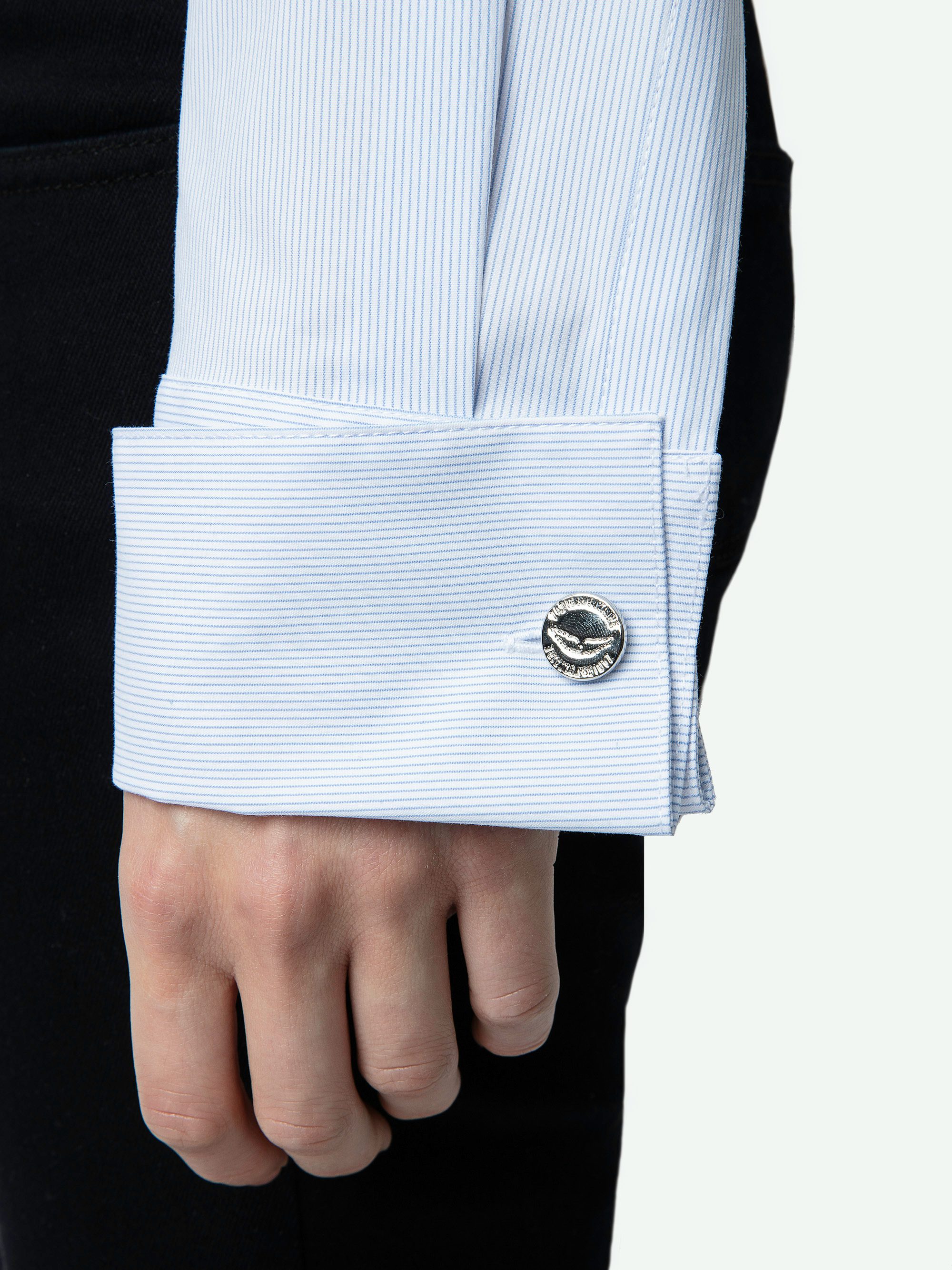 Camicia Taskiza - Camicia in popeline di cotone celeste con maniche lunghe, righe e bottoni per gioielli.